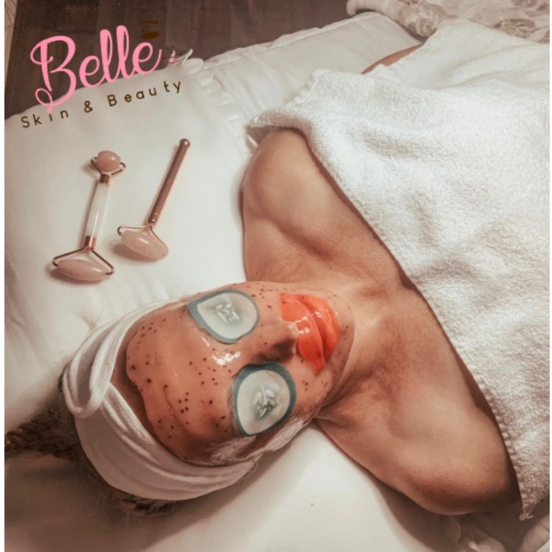 Editorial spa portrait, cucumber mask and rose quartz tools on warm skin