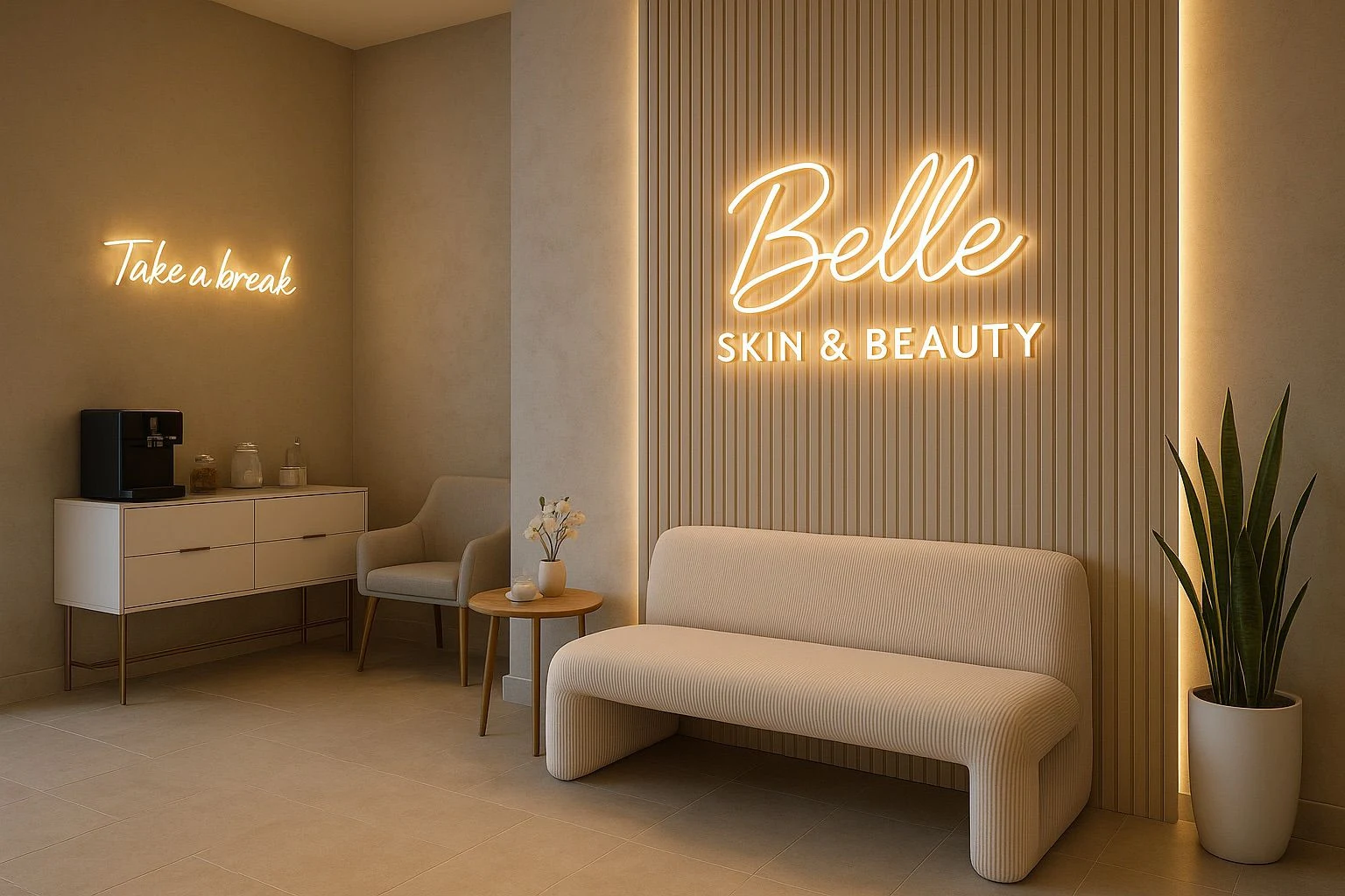 The Belle studio waiting area, lit by the neon sign